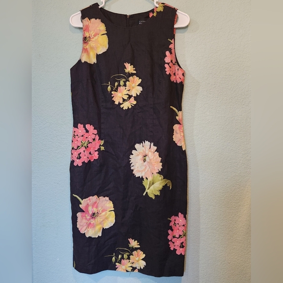 Linda Allard Ellen Tracy Sleeveless Black Floral Size 8 100% Linen Sheath Dress - Picture 1 of 8